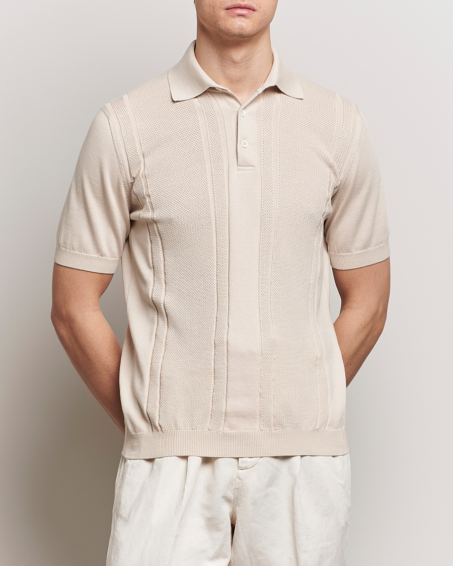 Hombres | Camisas polo de manga corta | Brunello Cucinelli | Front Structure Knitted Polo Light Beige