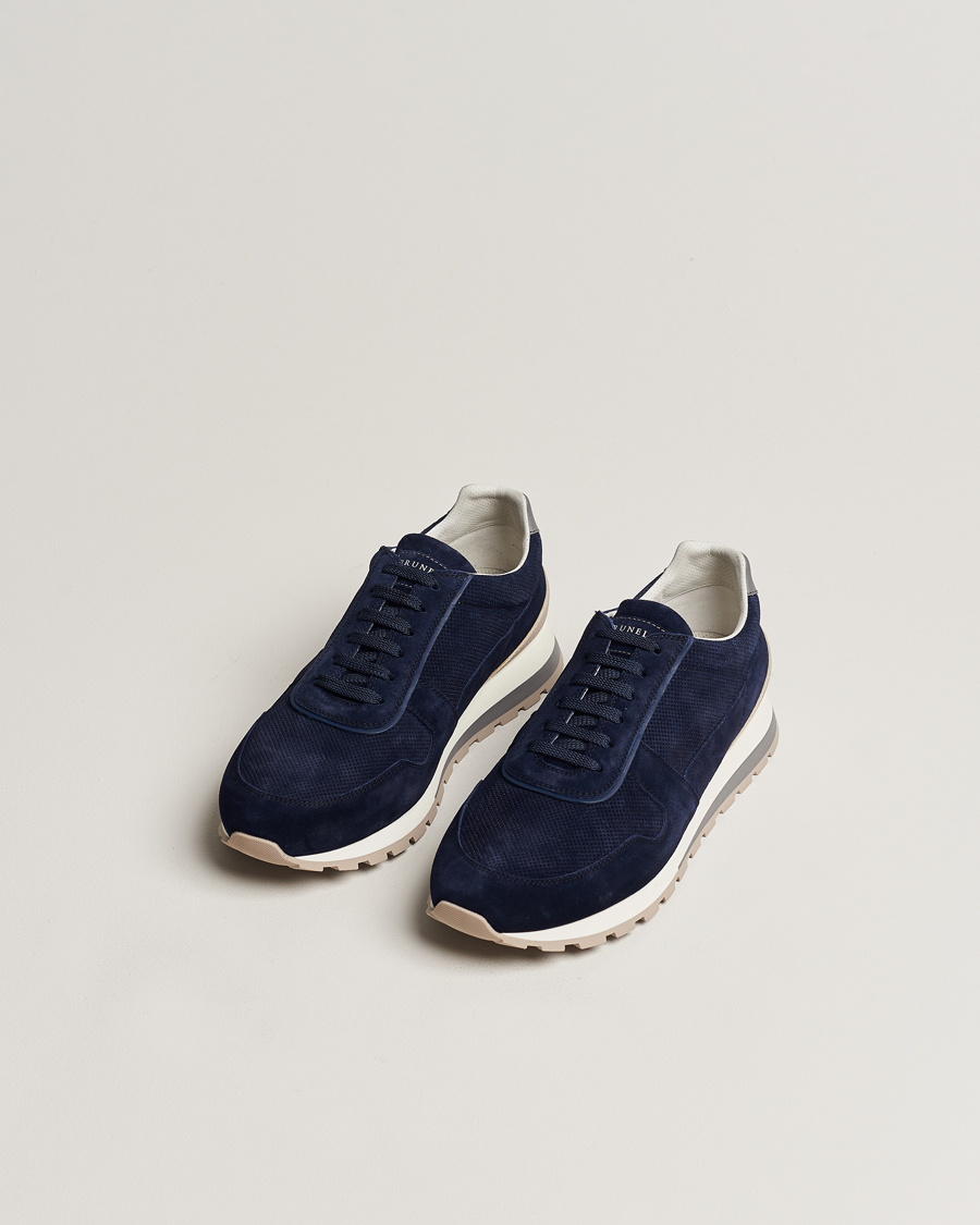 Hombres | Zapatos de ante | Brunello Cucinelli | Perforated Running Sneakers Navy Suede