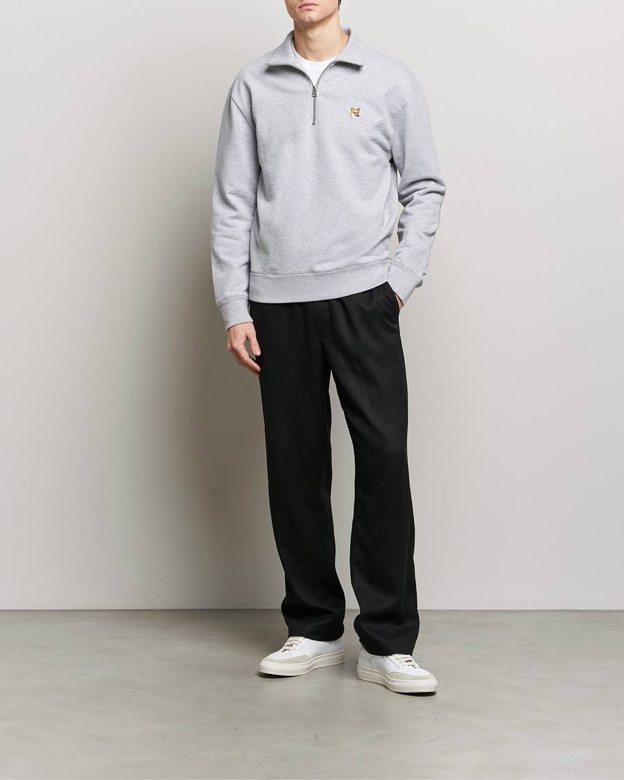 Hombres | Jerséis y prendas de punto | Maison Kitsuné | Fox Head Half Zip Sweatshirt Light Grey Melange