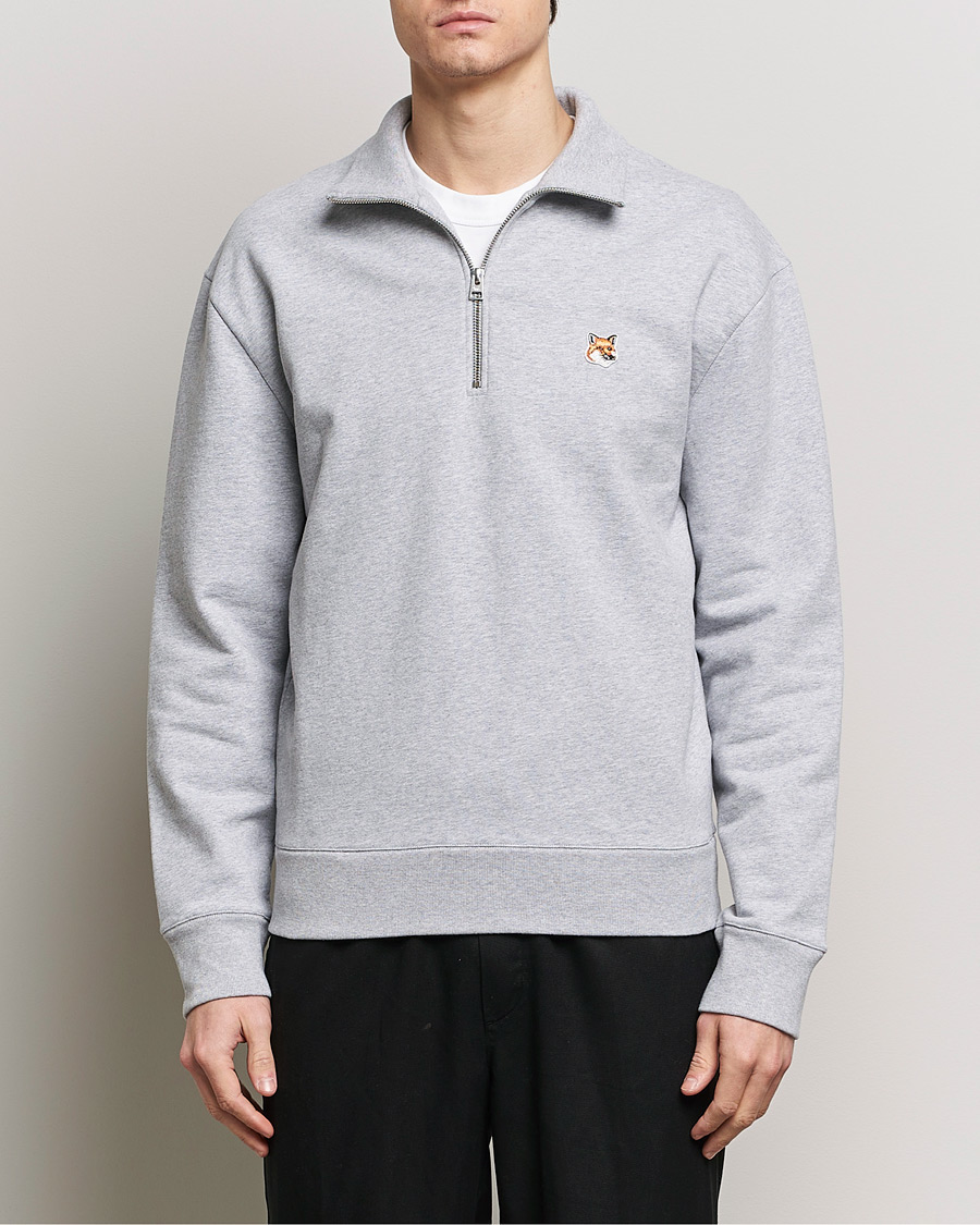 Hombres | Jerséis y prendas de punto | Maison Kitsuné | Fox Head Half Zip Sweatshirt Light Grey Melange