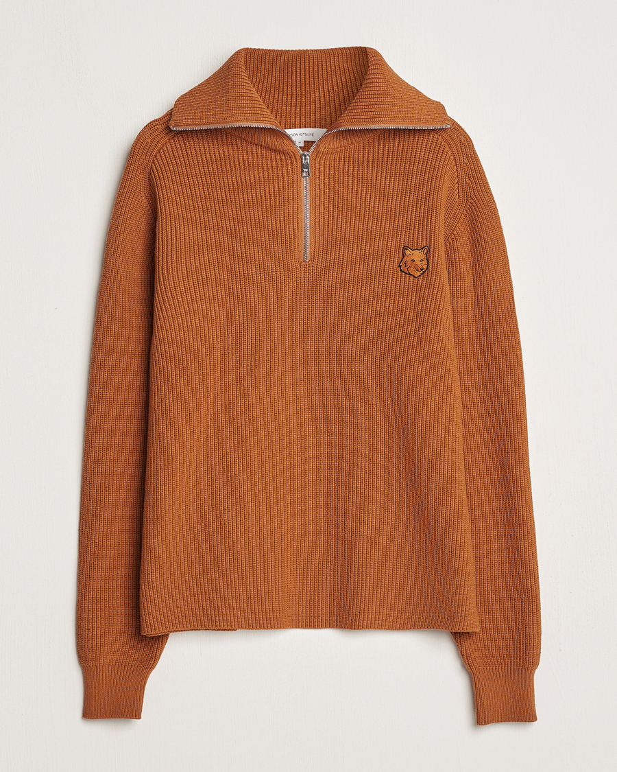 Hombres | Jerséis y prendas de punto | Maison Kitsuné | Tonal Fox Head Ribbed Half Zip Tobacco