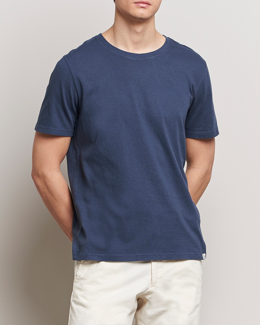 Hombres | Departamentos | Merz b. Schwanen | Organic Cotton Washed Crew Neck T-Shirt Denim Blue