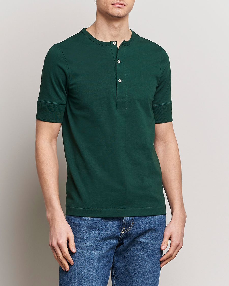 Hombres | Camisetas | Merz b. Schwanen | Short Sleeve Organic Cotton Henley Classic Green