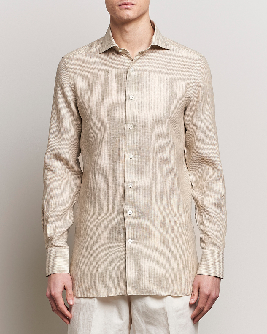 Hombres | Business casual | 100Hands | Striped Linen Shirt Brown