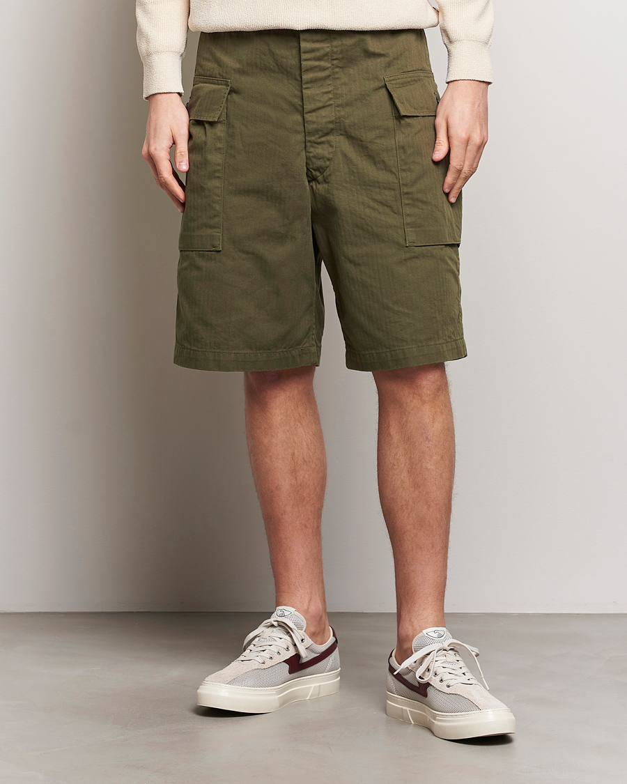 Hombres | Pantalones cortos | orSlow | Herringbone Cotton Cargo Short Army Green