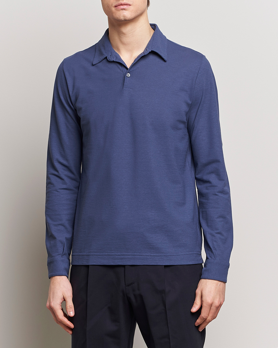 Hombres |  | Zanone | Ice Cotton Long Sleeve Polo Steel Blue