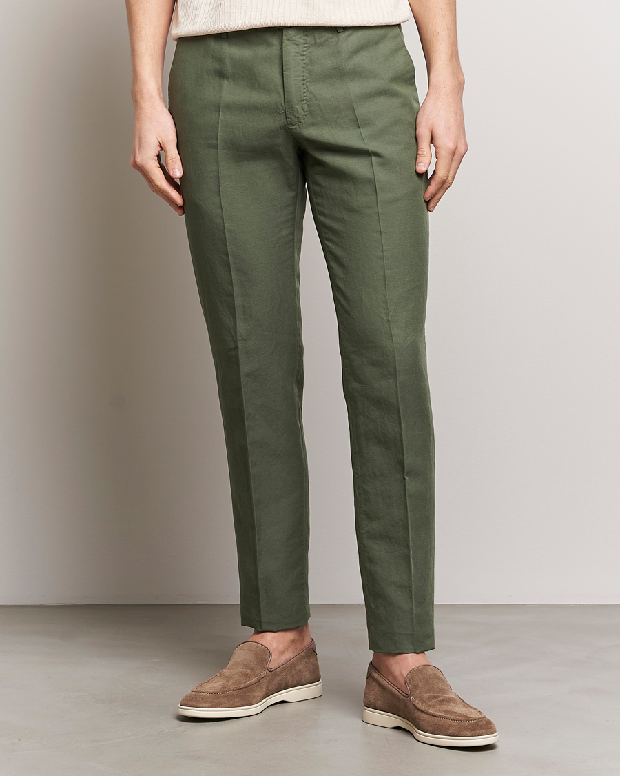 Hombres | Pantalones de lino | Incotex | Slim Fit Chinolino Trousers Dark Green