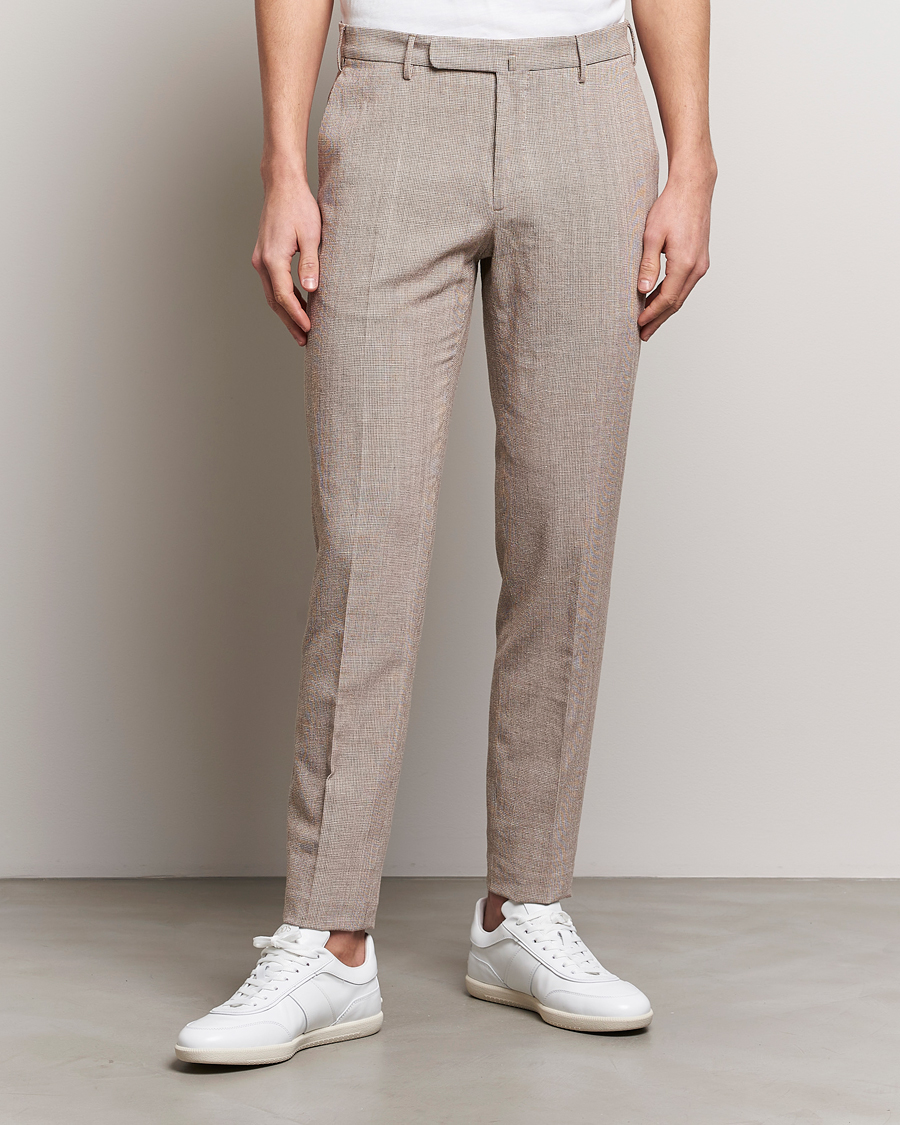 Men | Linen Trousers | Incotex | Slim Fit Cotton/Linen Micro Houndstooth Trousers Beige