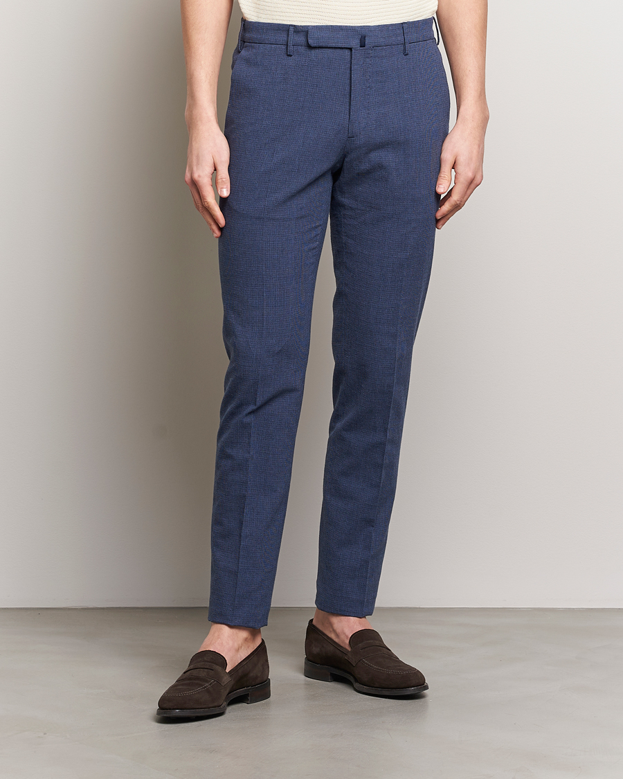 Hombres |  | Incotex | Slim Fit Cotton/Linen Micro Houndstooth Trousers Dark Blue