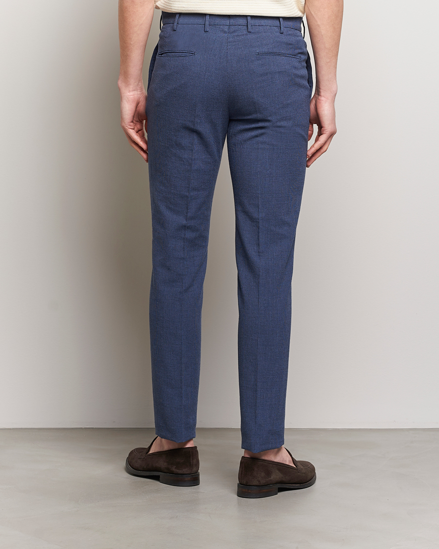 Hombres | Pantalones | Incotex | Slim Fit Cotton/Linen Micro Houndstooth Trousers Dark Blue