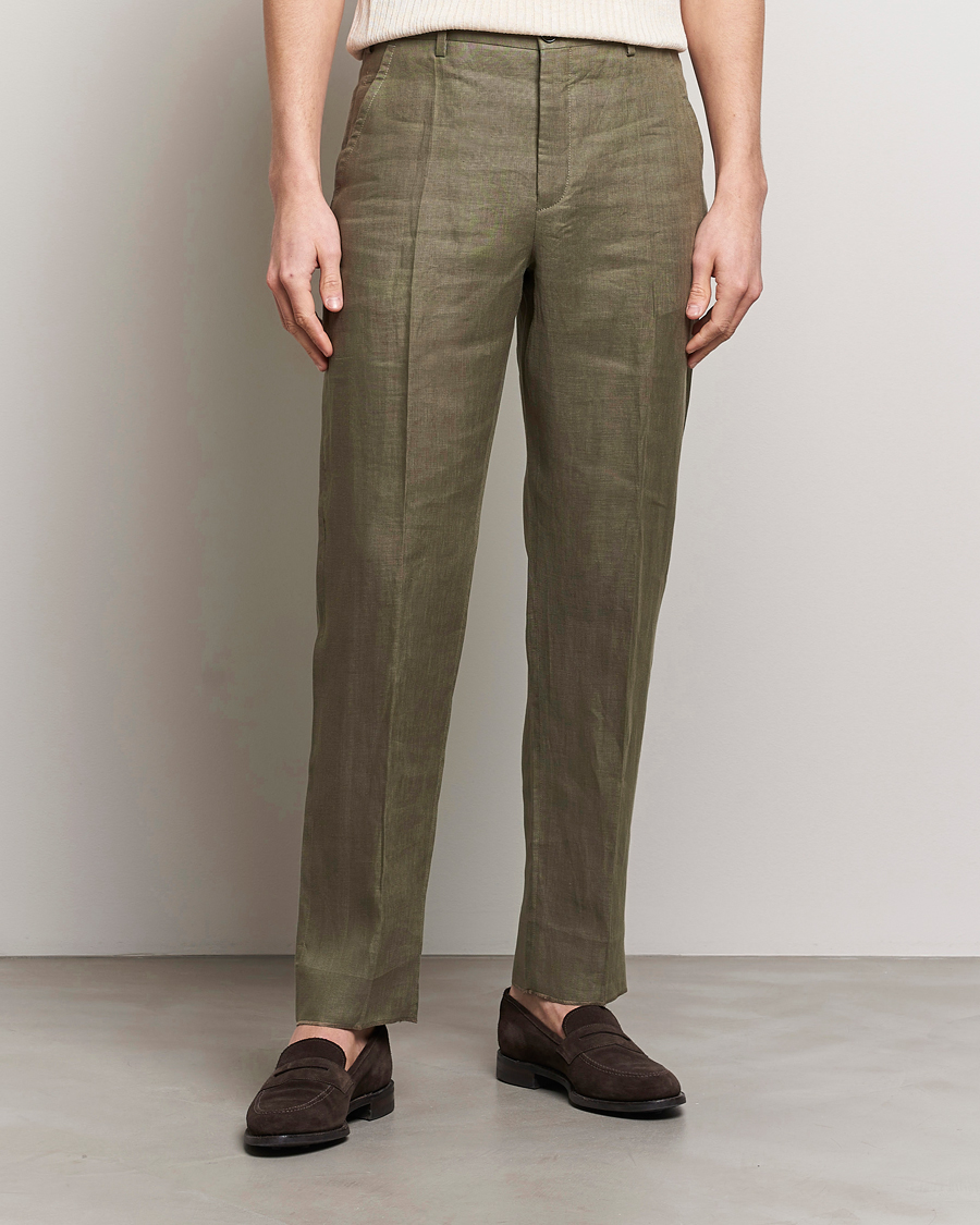Hombres | Pantalones de lino | Incotex | Straight Fit Pure Linen Trousers Military