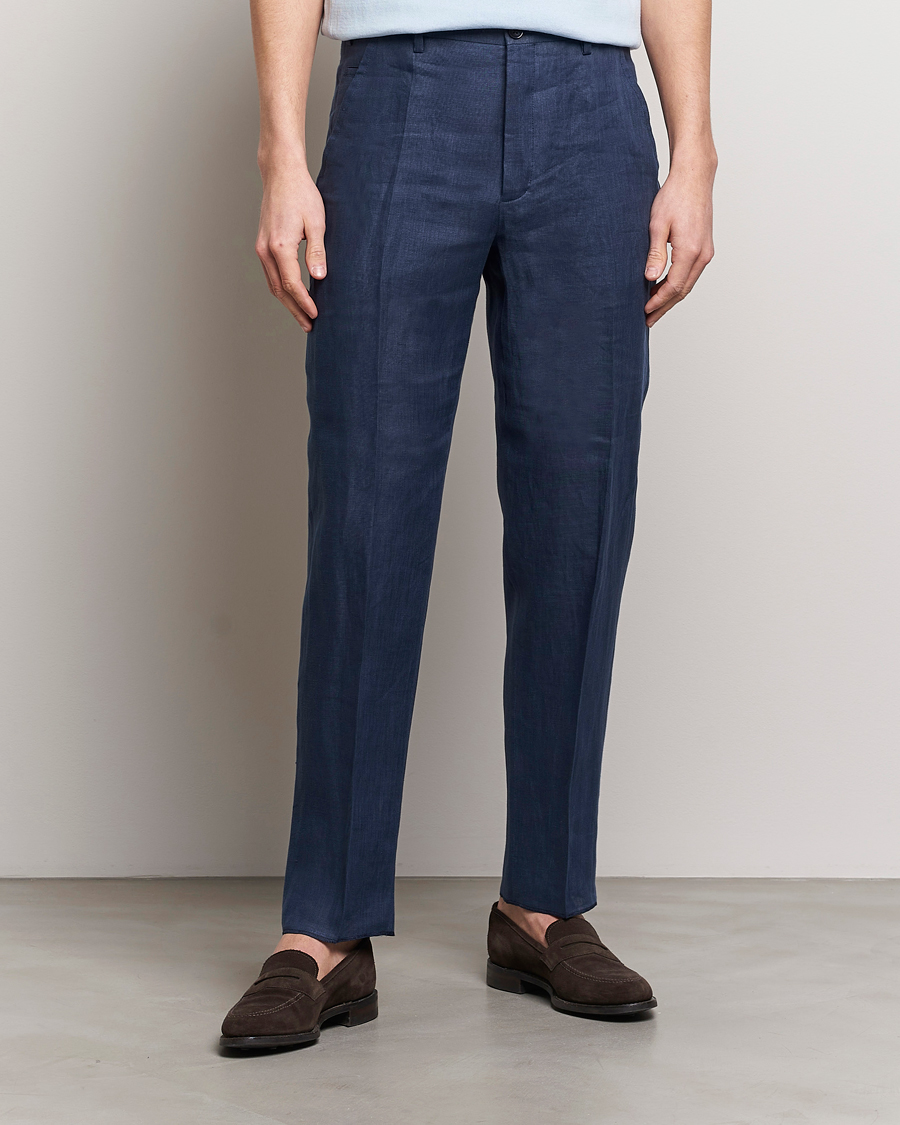 Hombres | Pantalones de lino | Incotex | Straight Fit Pure Linen Trousers Navy