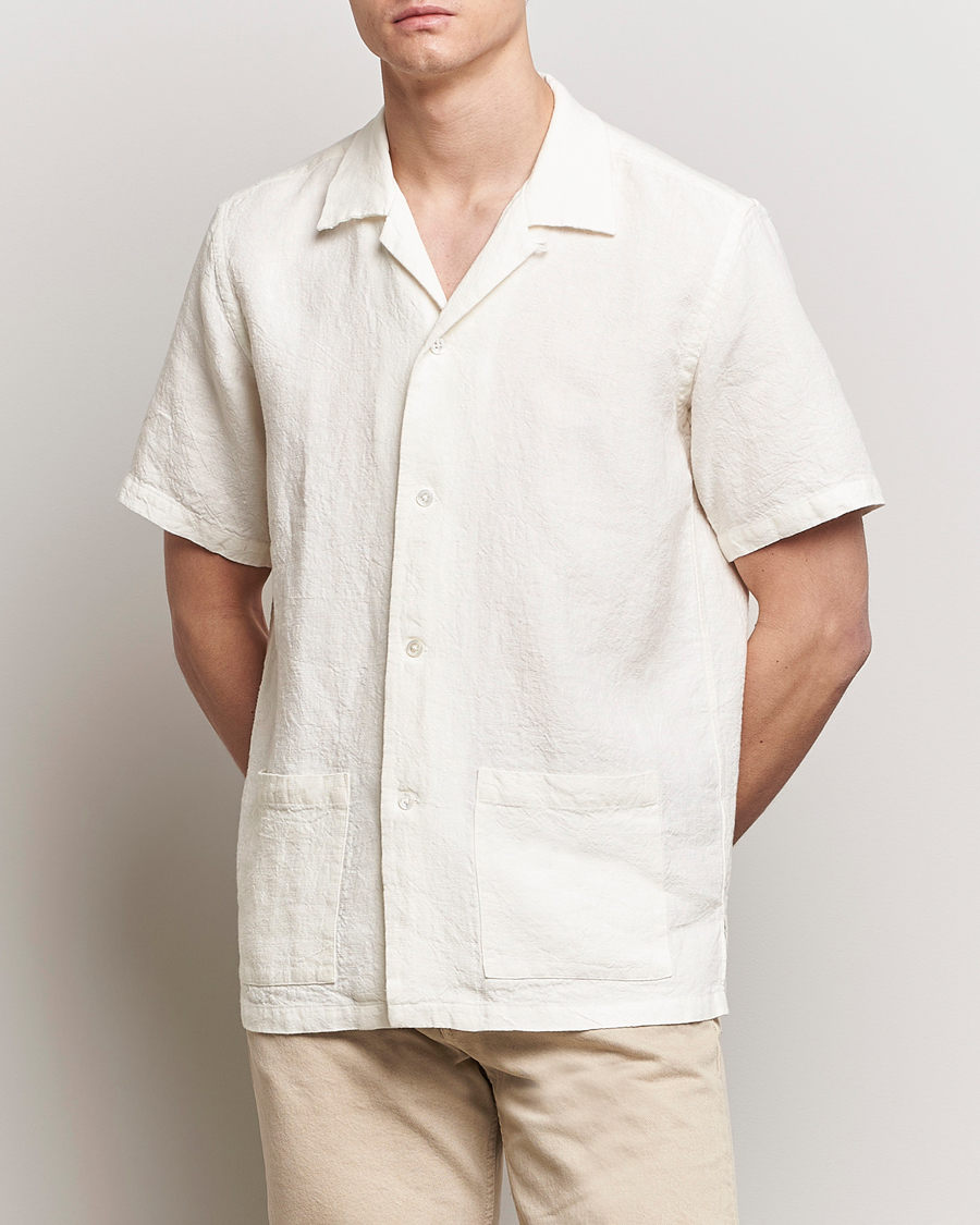 Hombres | Camisas de manga corta | Kamakura Shirts | Vintage Ivy Heavy Linen Beach Shirt White