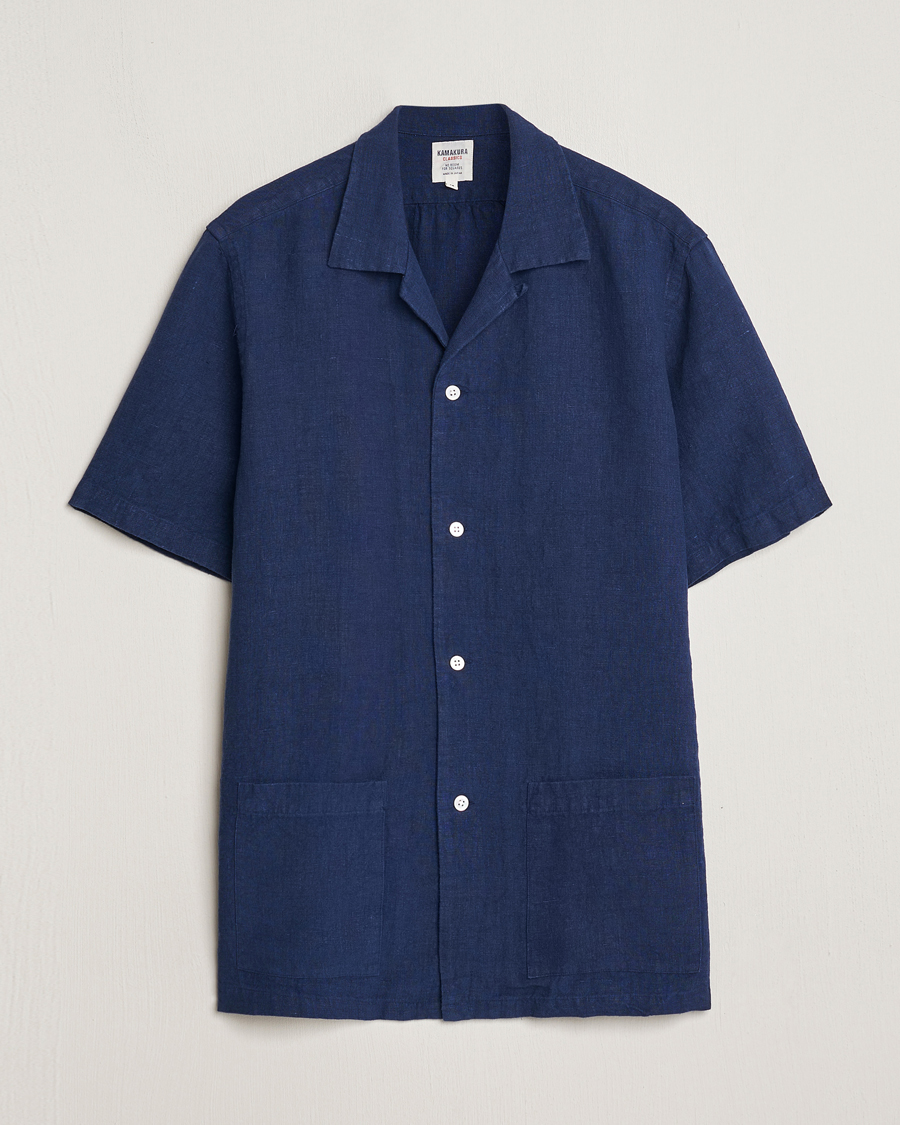 Hombres | Camisas | Kamakura Shirts | Heavy Linen Beach Shirt Navy