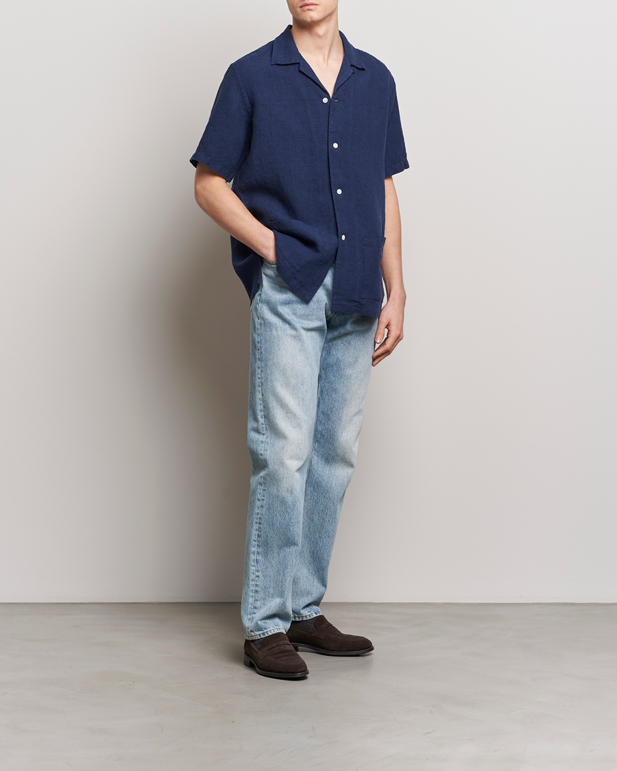 Hombres | Camisas | Kamakura Shirts | Heavy Linen Beach Shirt Navy