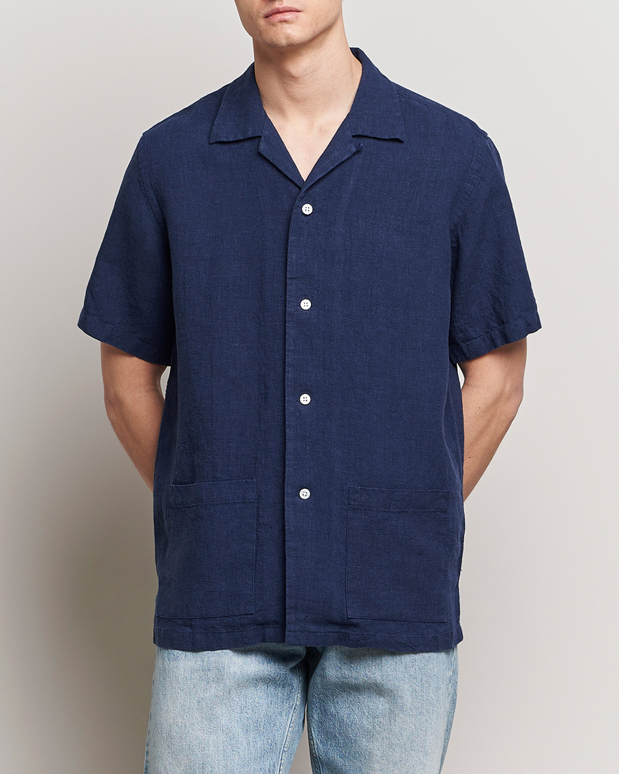 Hombres | Departamentos | Kamakura Shirts | Vintage Ivy Heavy Linen Beach Shirt Navy