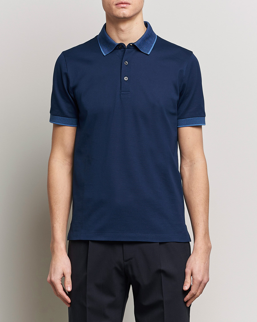 Hombres | Polos | Canali | Contrast Collar Short Sleeve Polo Dark Blue