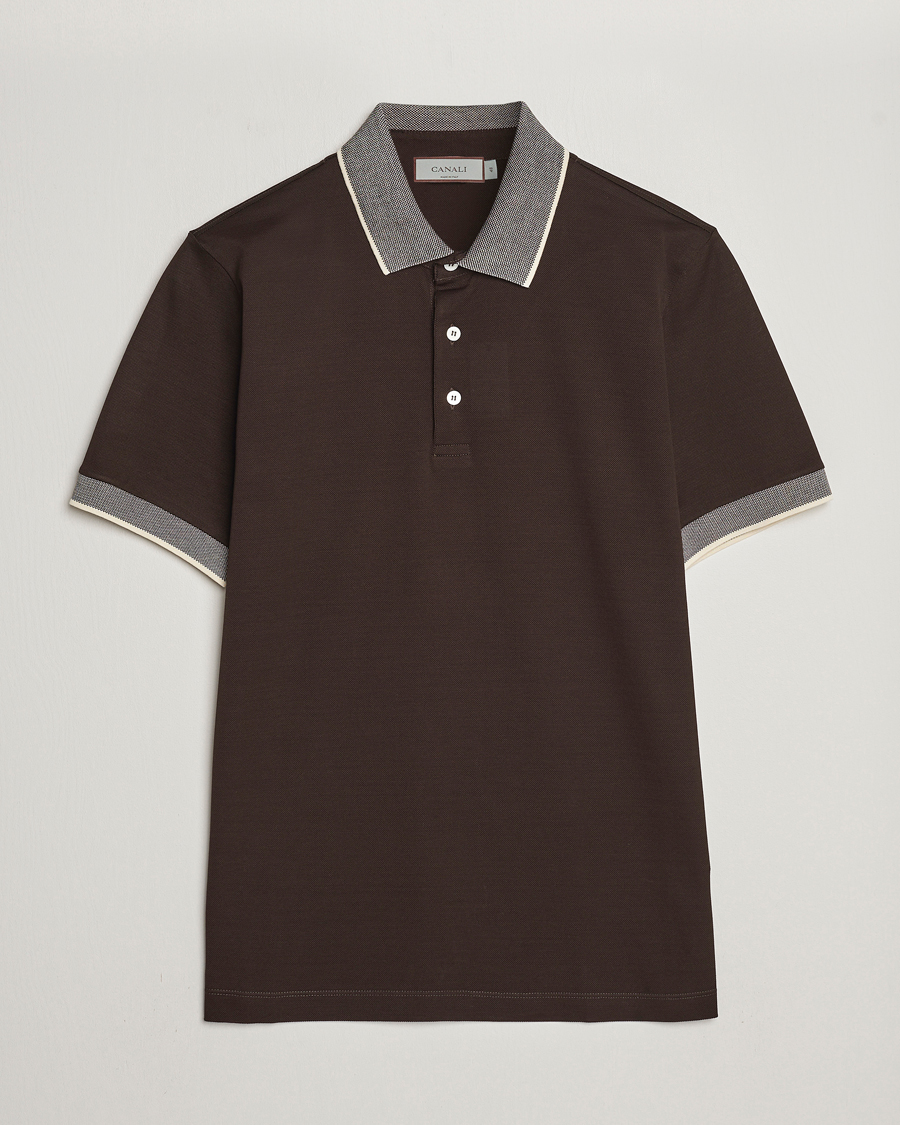 Hombres | Polos | Canali | Contrast Collar Short Sleeve Polo Dark Brown