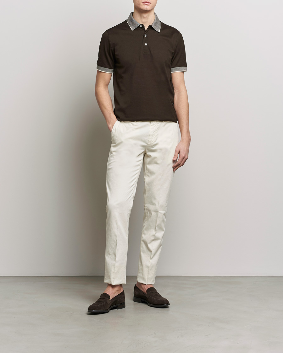 Hombres | Polos | Canali | Contrast Collar Short Sleeve Polo Dark Brown