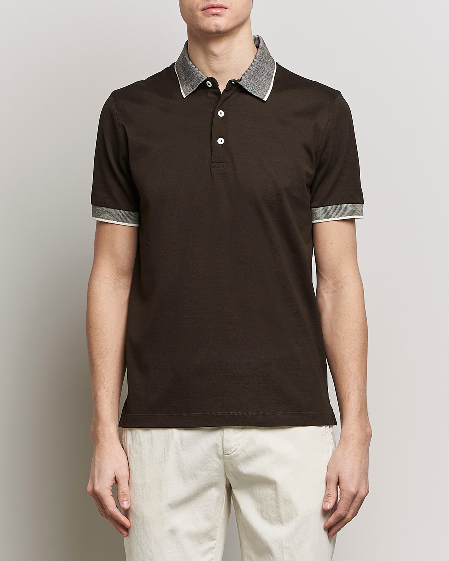Hombres | Polos | Canali | Contrast Collar Short Sleeve Polo Dark Brown