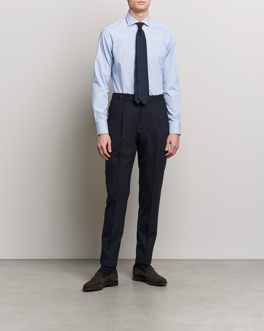 Hombres | Camisas | Grigio | Cotton Poplin Dress Shirt Light Blue Stripe