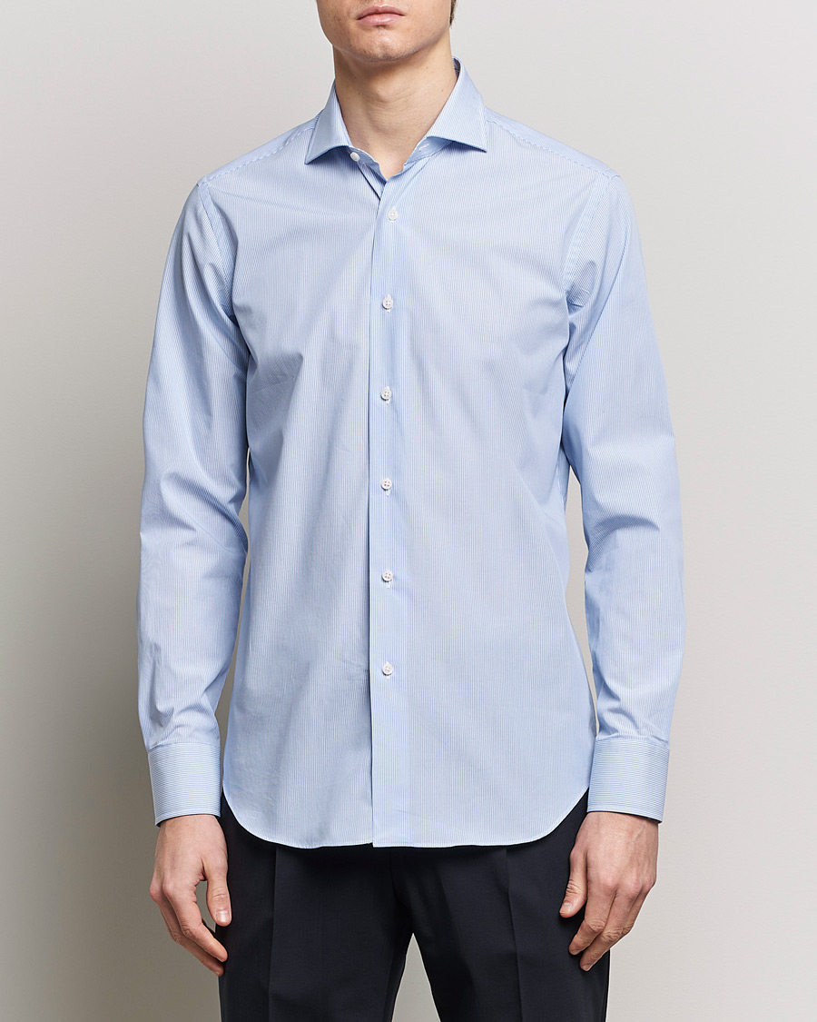 Hombres | Camisas | Grigio | Cotton Poplin Dress Shirt Light Blue Stripe
