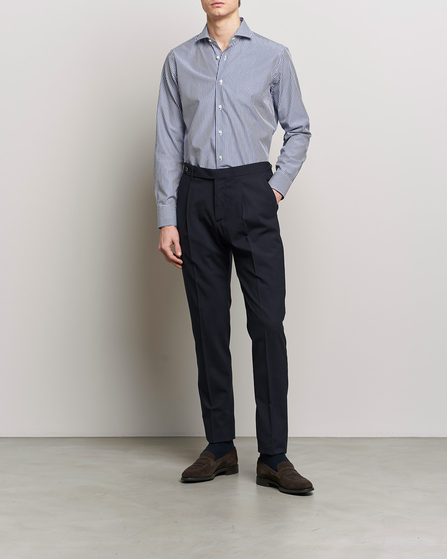 Hombres | Formal Wear | Grigio | Cotton Poplin Dress Shirt Blue Stripe