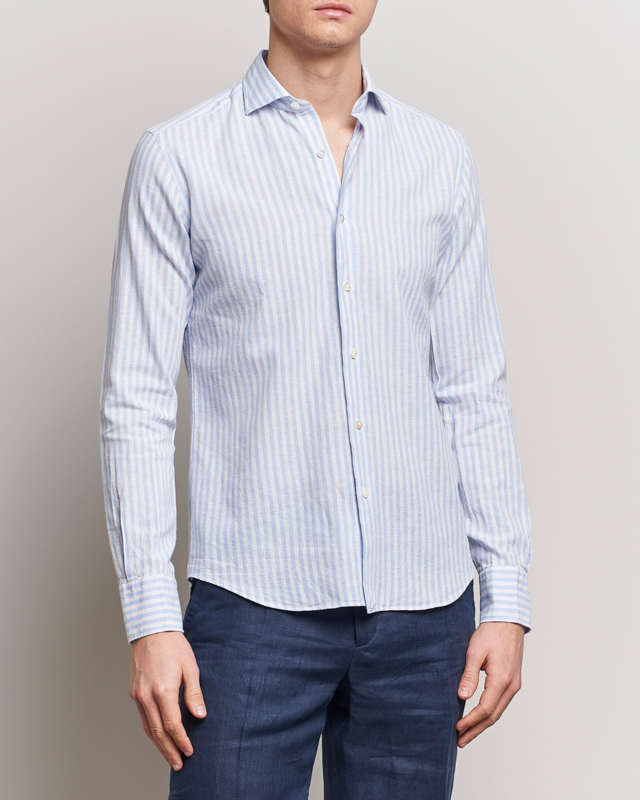 Hombres | Camisas de lino | Grigio | Washed Linen Shirt Light Blue Stripe