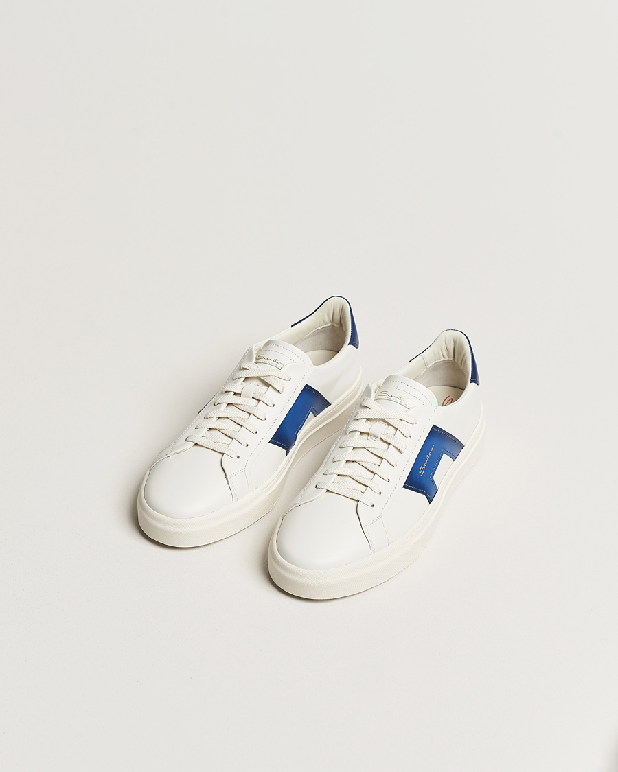 Hombres | Santoni Double Buckle Sneakers White/Navy | Santoni | Double Buckle Sneakers White/Navy