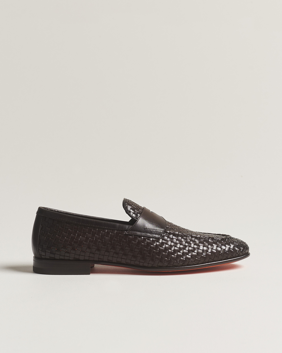 Hombres | Santoni Braided Penny Loafers Dark Brown Calf | Santoni | Braided Penny Loafers Dark Brown Calf