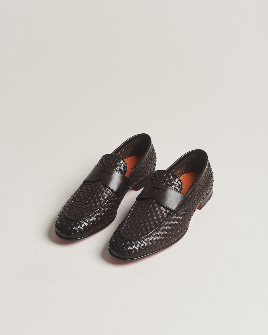 Hombres | Santoni Braided Penny Loafers Dark Brown Calf | Santoni | Braided Penny Loafers Dark Brown Calf