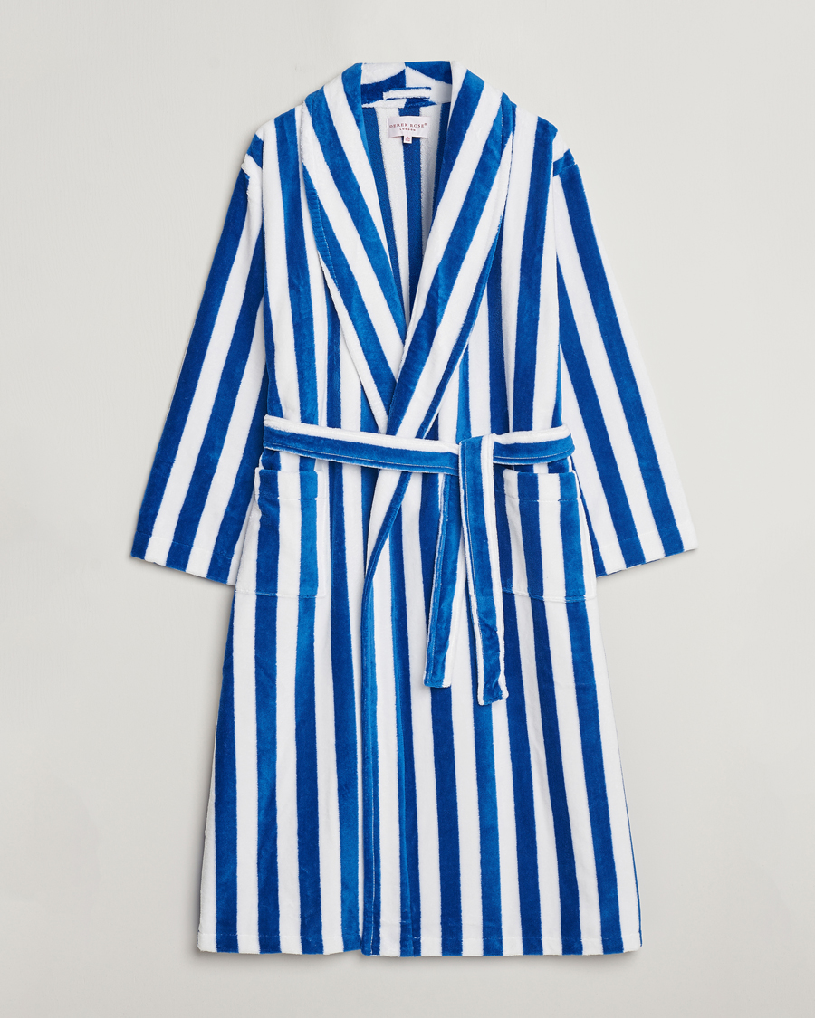 Hombres | Pijamas y batas | Derek Rose | Cotton Velour Striped Gown Blue/White