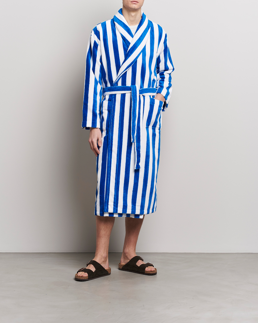 Hombres | Pijamas y batas | Derek Rose | Cotton Velour Striped Gown Blue/White