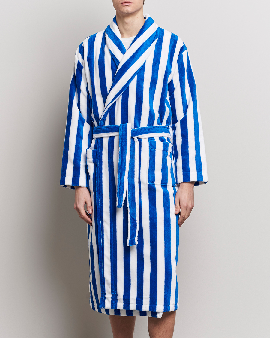 Hombres | Loungewear | Derek Rose | Cotton Velour Striped Gown Blue/White
