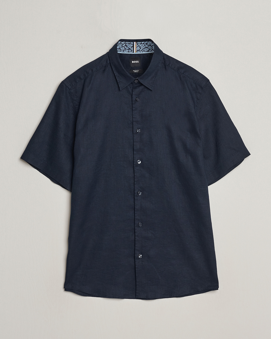 Hombres | Camisas | BOSS BLACK | Liam Short Sleeve Linen Shirt Dark Blue