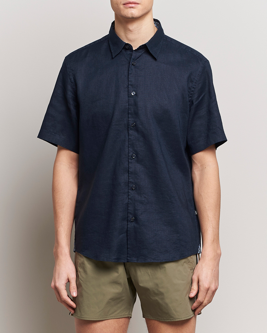 Hombres | Camisas | BOSS BLACK | Liam Short Sleeve Linen Shirt Dark Blue