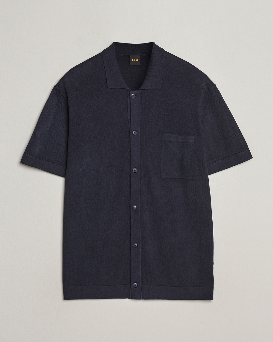 Hombres | Camisas | BOSS ORANGE | Kamiccio Knitted Short Sleeve Shirt Dark Blue