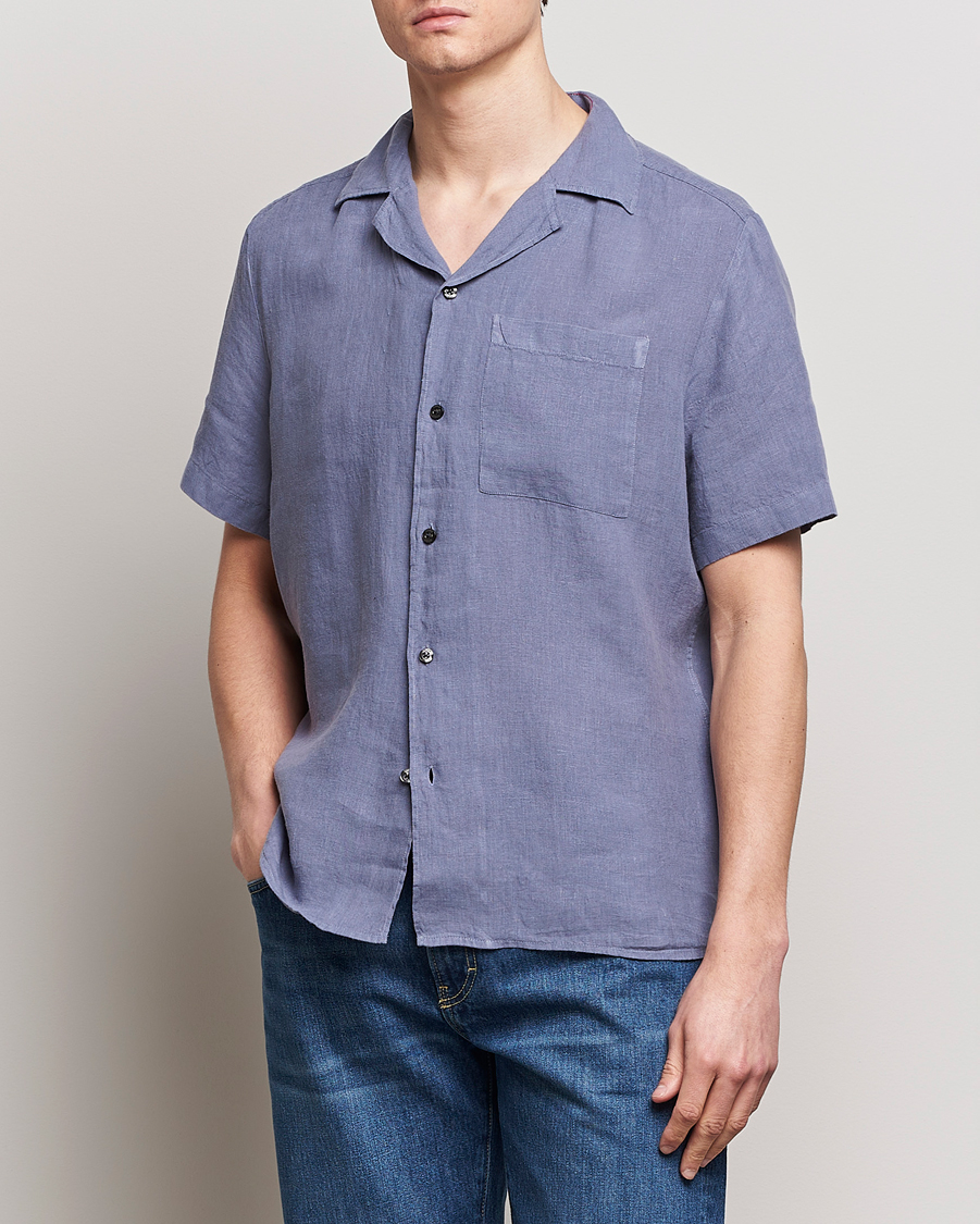 Hombres | Camisas de manga corta | HUGO | Ellino Short Sleeve Linen Shirt Open Blue