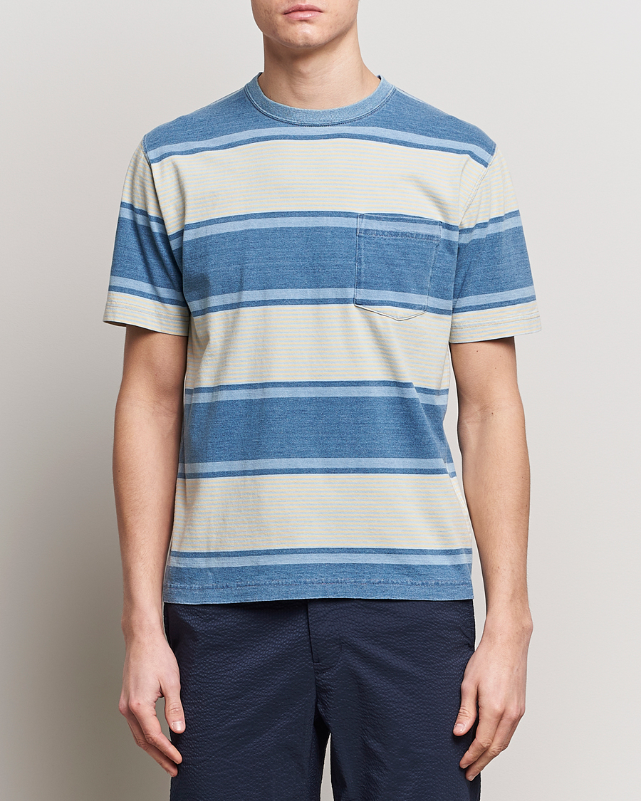Hombres | Preppy Authentic | BEAMS PLUS | Indigo Dyed Striped T-Shirt Sax Blue