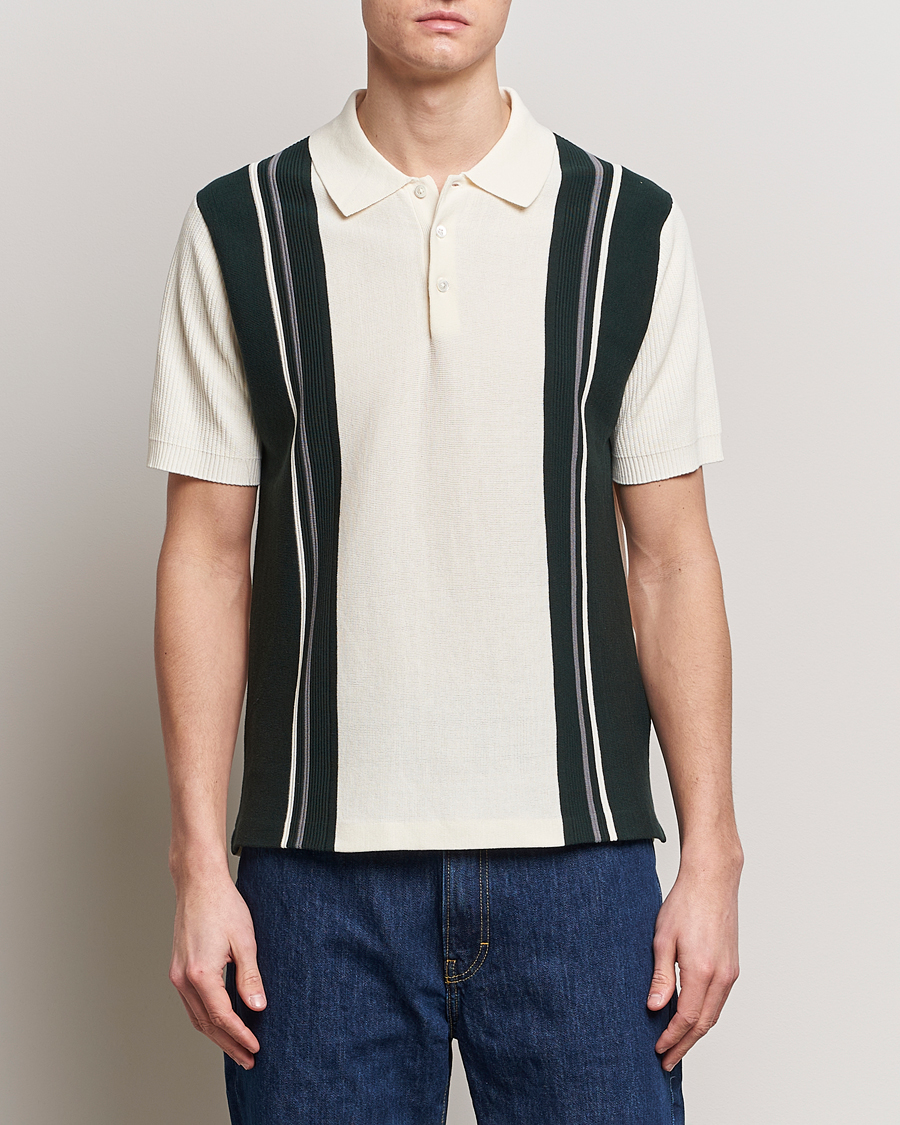 Hombres | Japanese Department | BEAMS PLUS | Knit Stripe Short Sleeve Polo White/Green