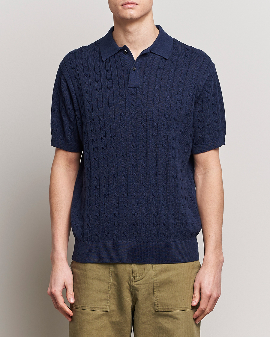 Hombres | Polos | BEAMS PLUS | Cable Knit Short Sleeve Polo Navy
