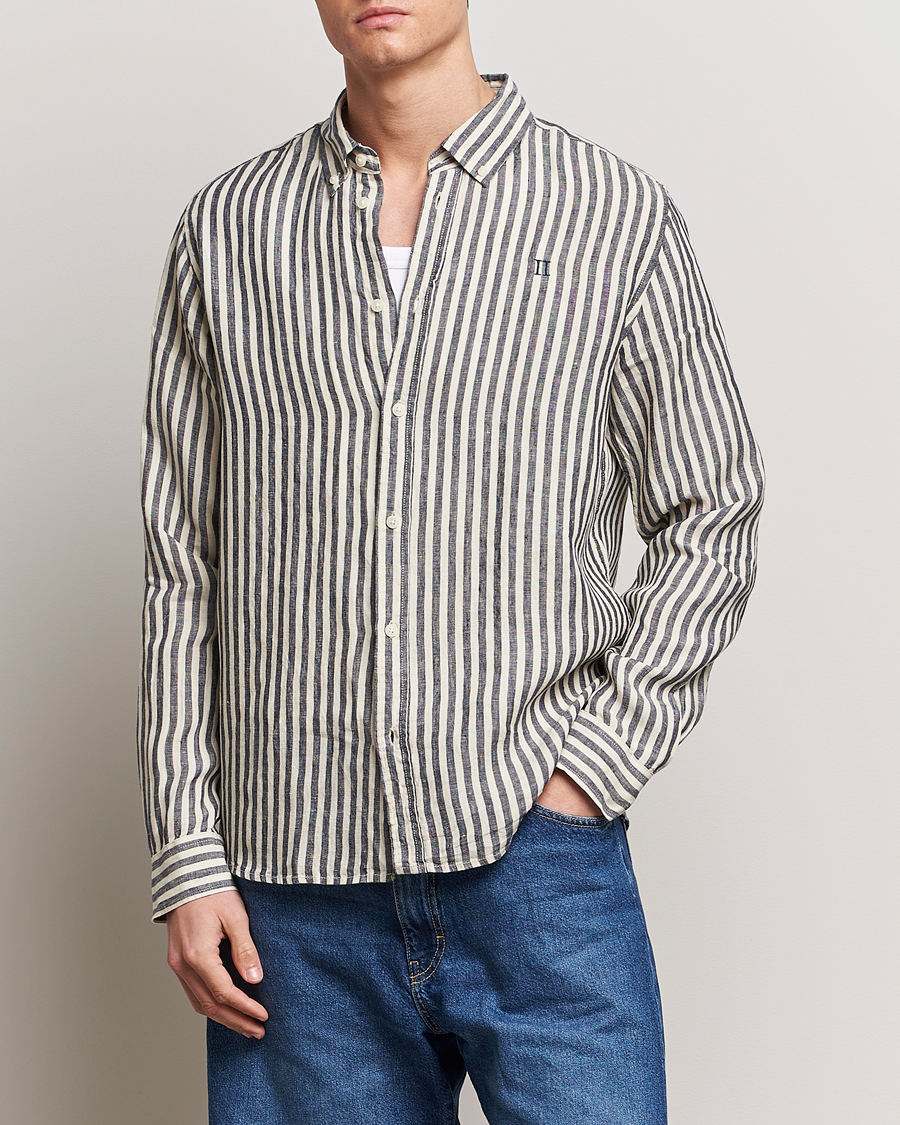Hombres |  | LES DEUX | Kristian Striped Linen Button Down Shirt Ivory/Navy