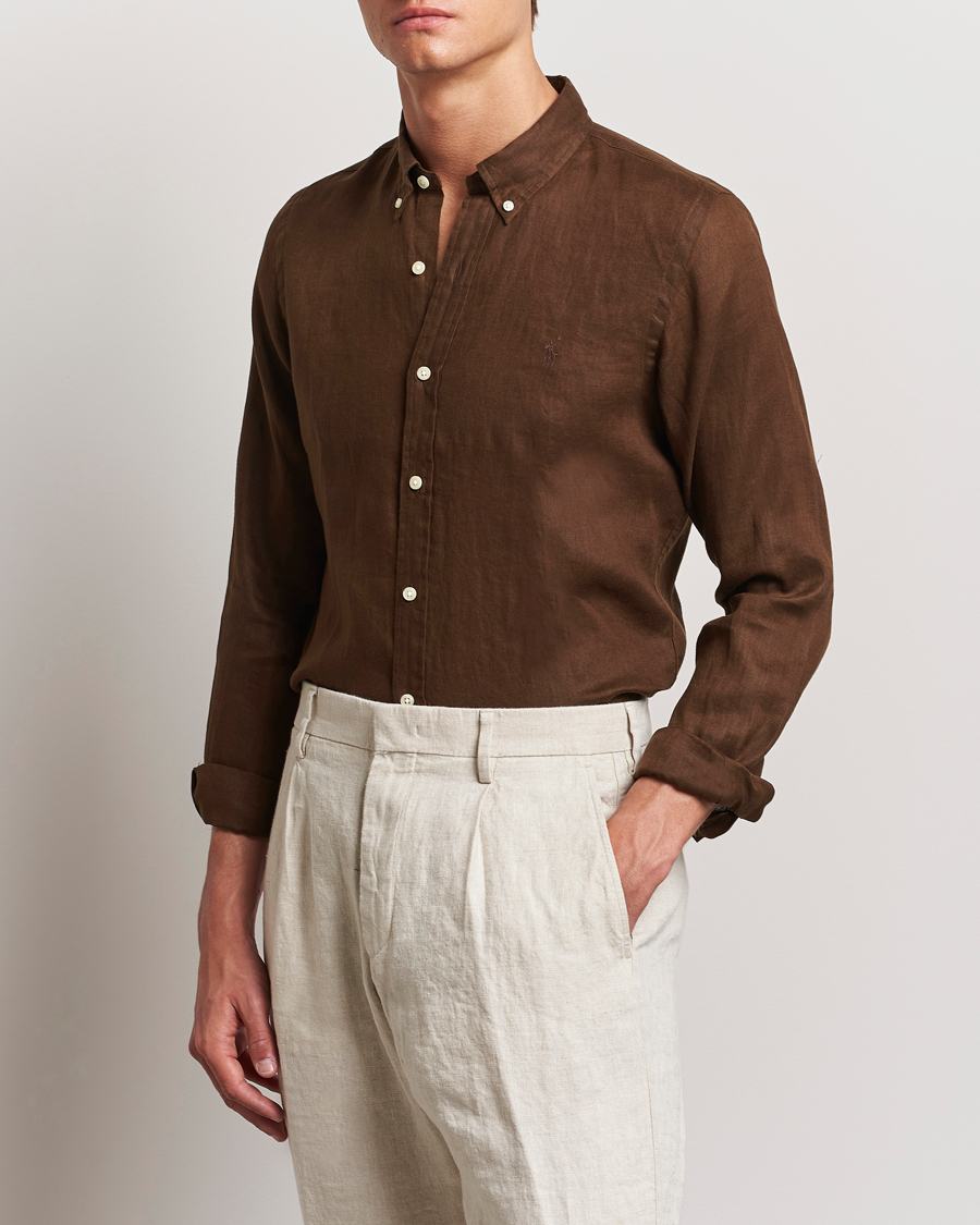 Hombres | Camisas | Polo Ralph Lauren | Slim Fit Linen Button Down Shirt Chocolate Mousse