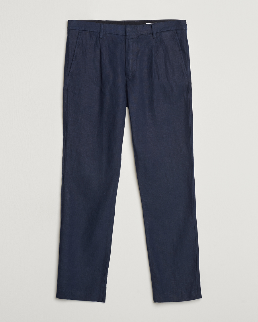 Hombres | Pantalones | NN07 | Bill Pleated Linen Trousers Navy Blue