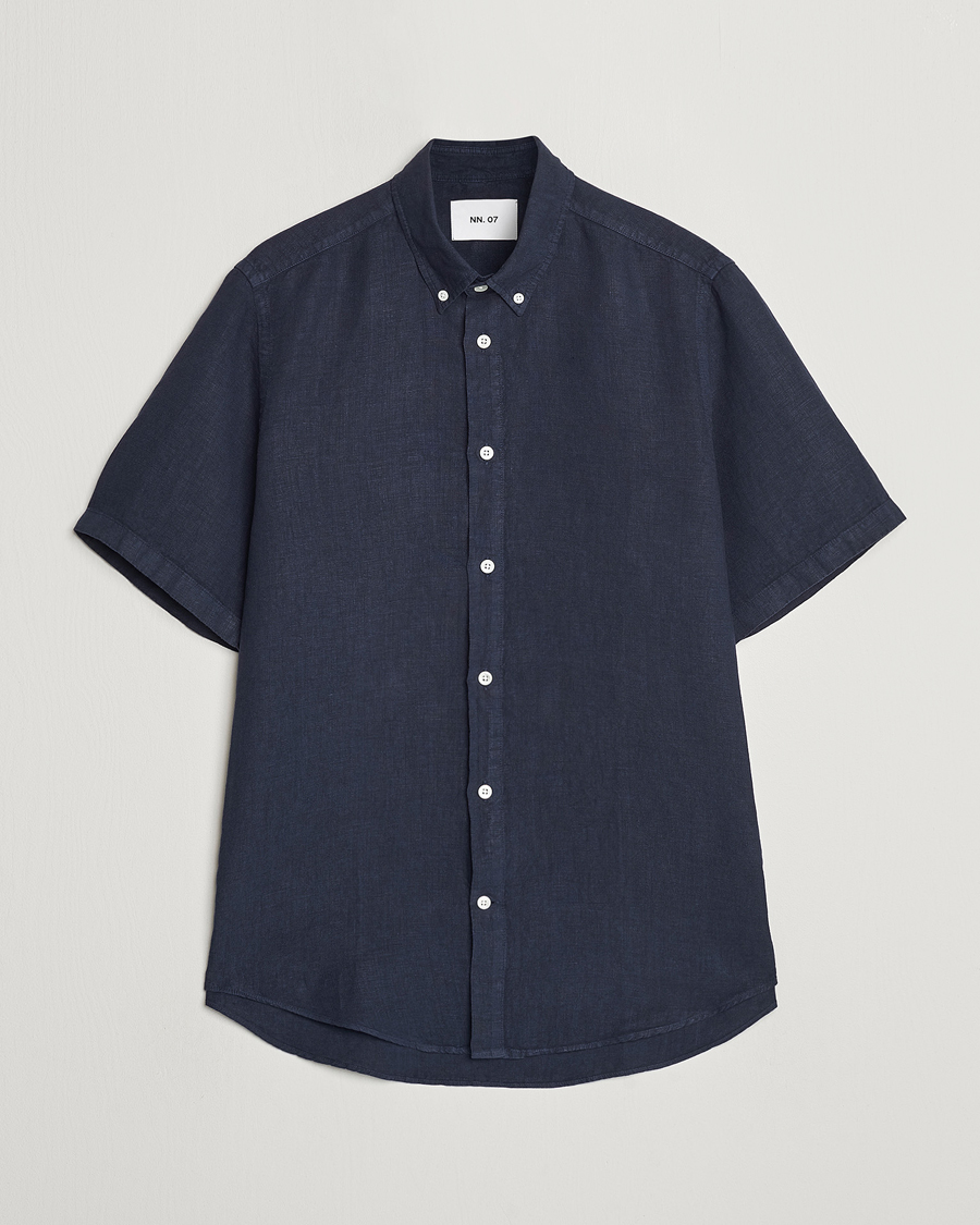 Hombres | Camisas | NN07 | Arne Linen Short Sleeve Shirt Navy Blue