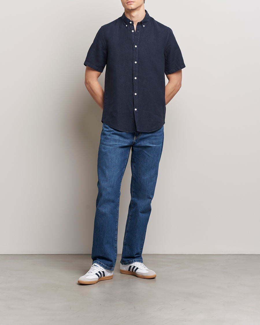 Hombres | Camisas | NN07 | Arne Linen Short Sleeve Shirt Navy Blue