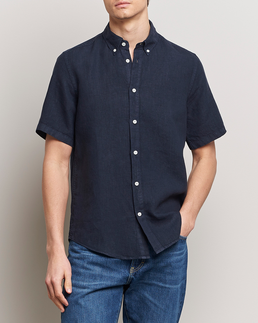 Hombres | Camisas de manga corta | NN07 | Arne Linen Short Sleeve Shirt Navy Blue