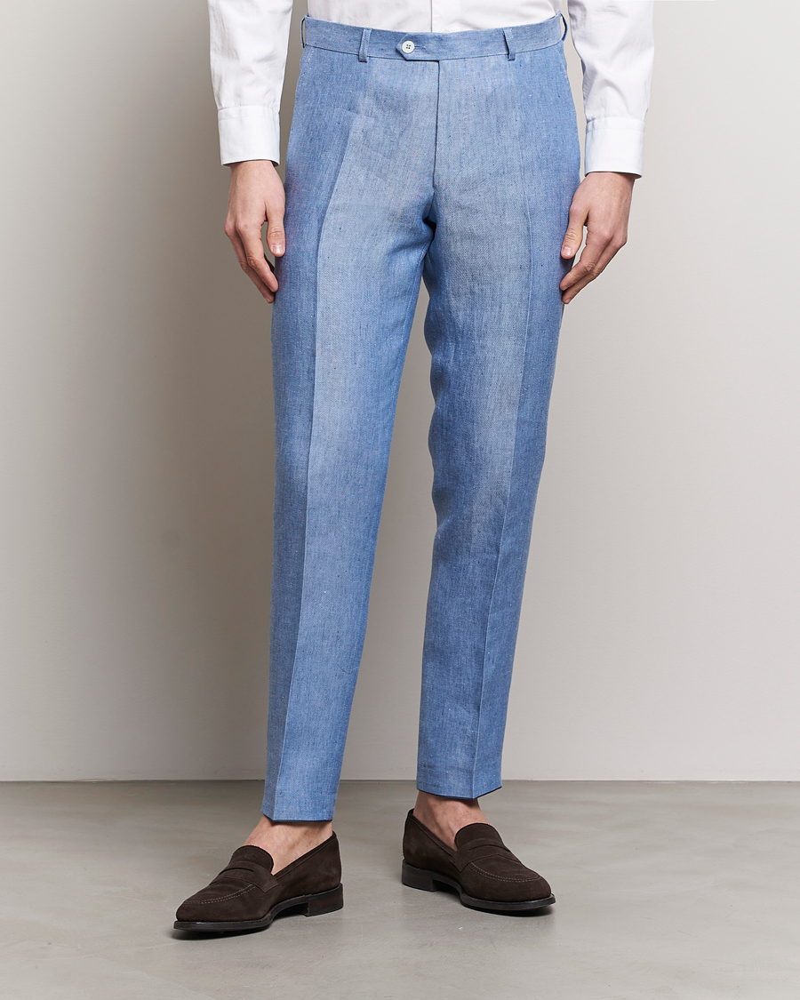 Hombres | Pantalones de traje | Oscar Jacobson | Denz Linen Trousers Smog Blue