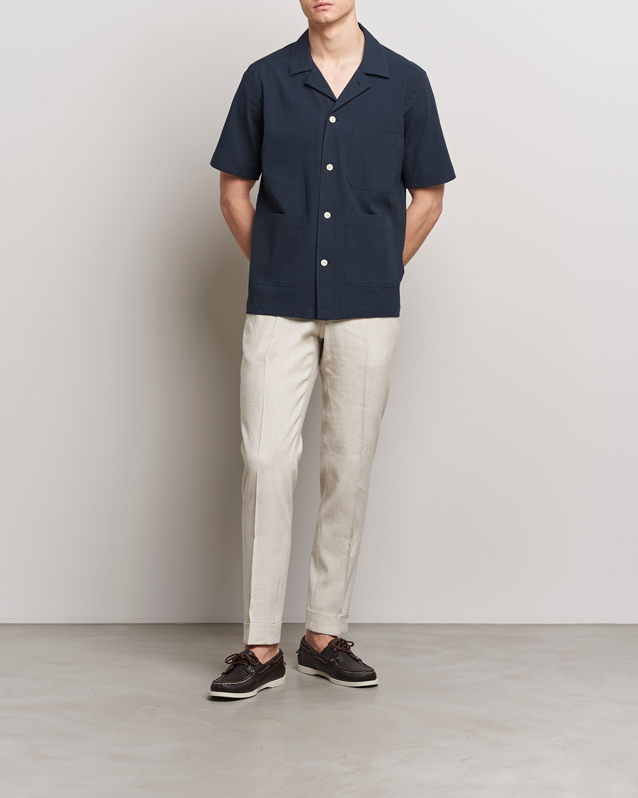 Hombres | Camisas | Oscar Jacobson | Hanks Reg Seersucker Shirt Navy