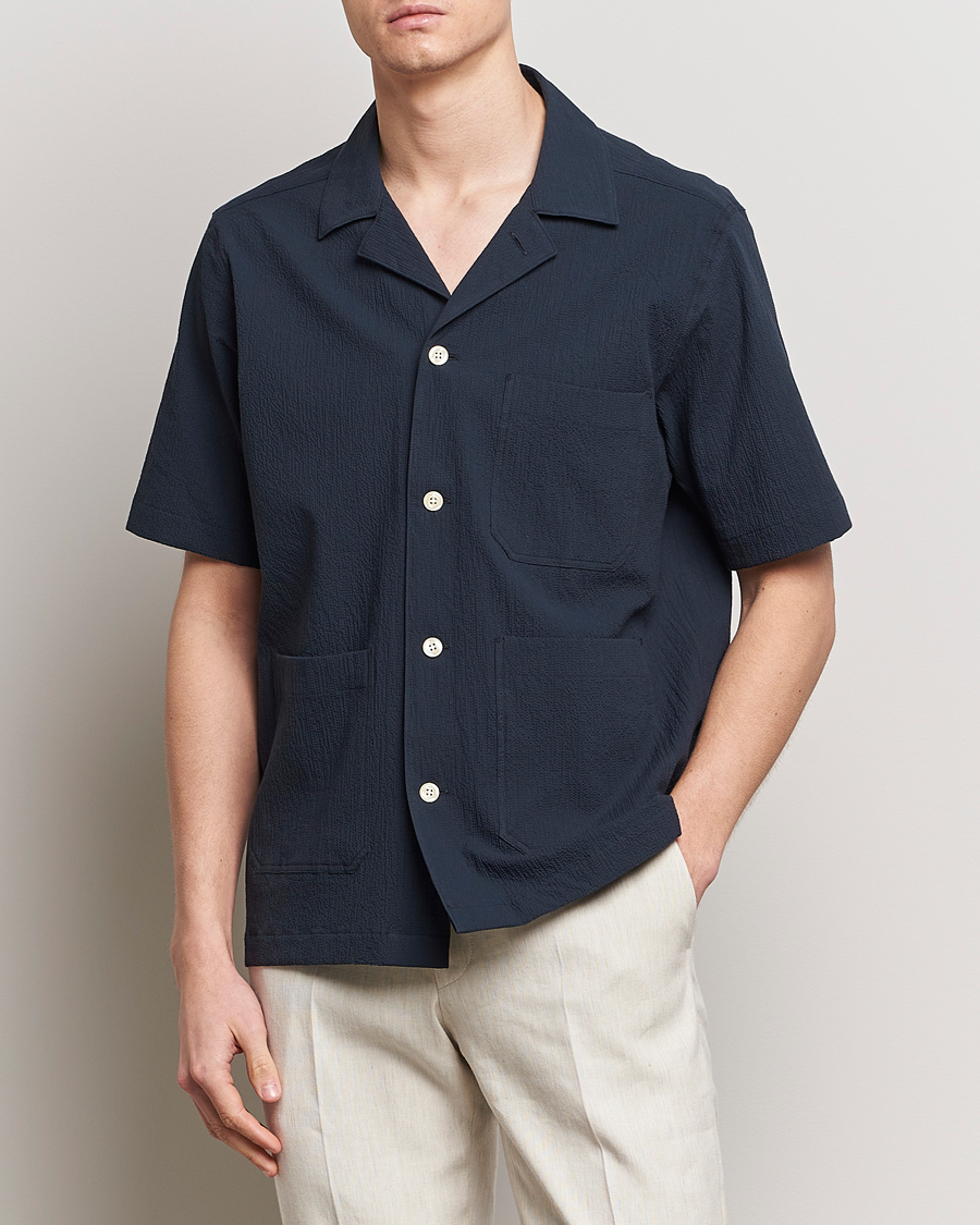 Hombres | Camisas | Oscar Jacobson | Hanks Reg Seersucker Shirt Navy